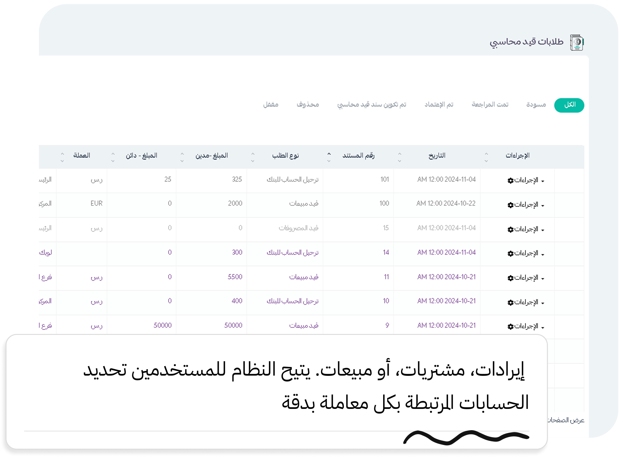 واجهة إدارة القيود المحاسبية والمعاملات المالية المتطورة